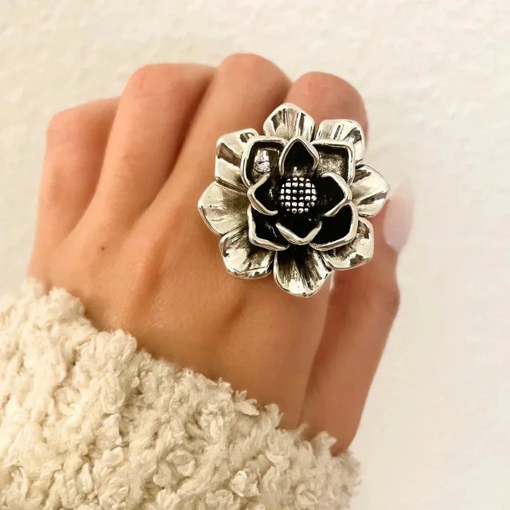 925 Sterling Silver Oversized Chunky Flower Ring Bold Statement Ring Huge Ring